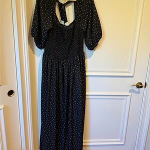 Nasty Gal Black Smocked Midi Dress with White & Yellow Ditsy Dots